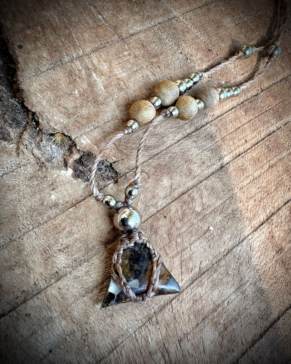 Miniaturbild: Halskette / Amulett mit Seymchan Pallasit (Meteorit) / Silber / Holz