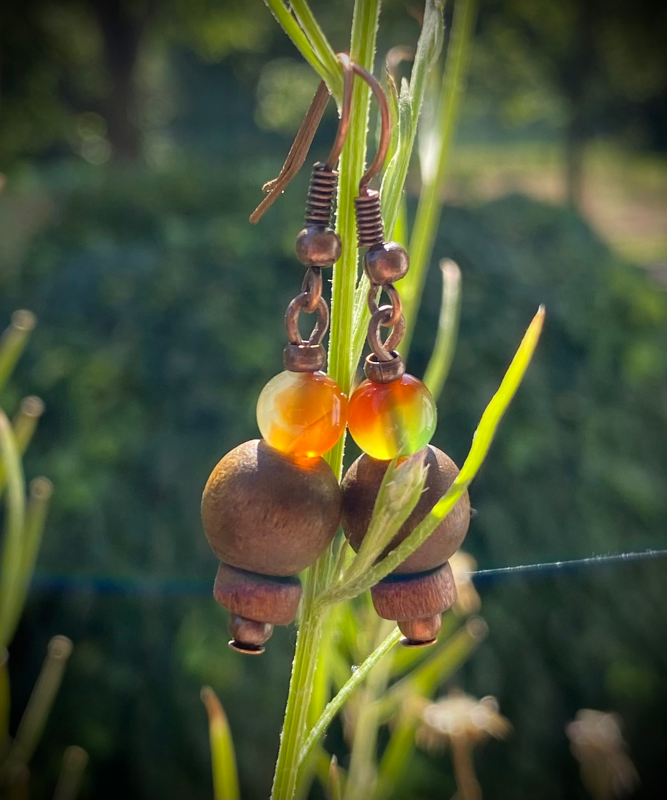 Ohrringe mit Peacock Achat / Kupfer / Holz