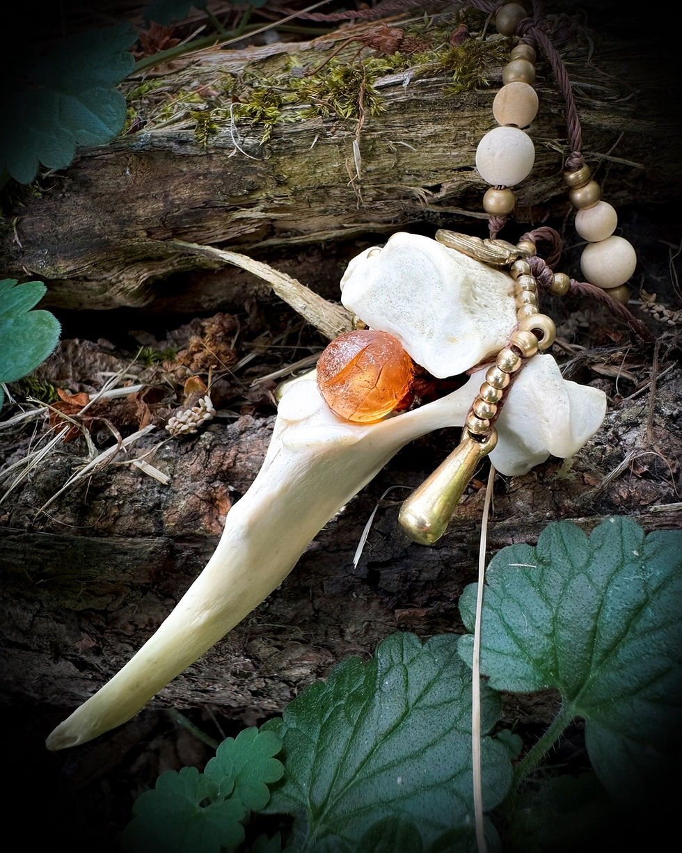 Miniaturbild: Schamanisches Amulett mit Harzperle / Rehknochen / Messing / Holz 