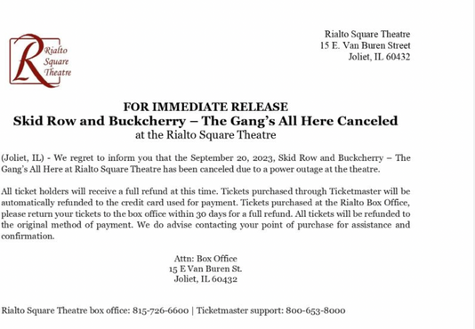 Skid Row and Buckcherry – The Gang’s All Here Canceled At The Rialto Square Theatre