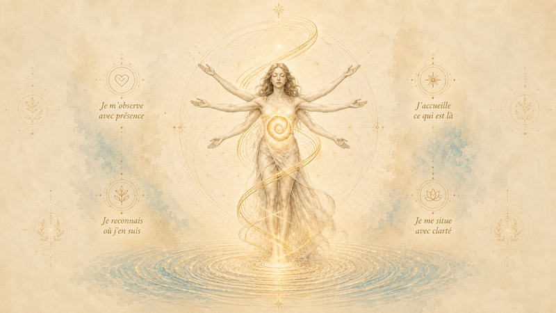 Femme de Vitruve émergeant de l’eau dans une spirale dorée – Mon point de départ.