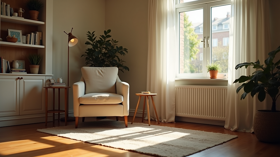 Eye-level view of a cozy living room with a comfortable chair and soft lighting
