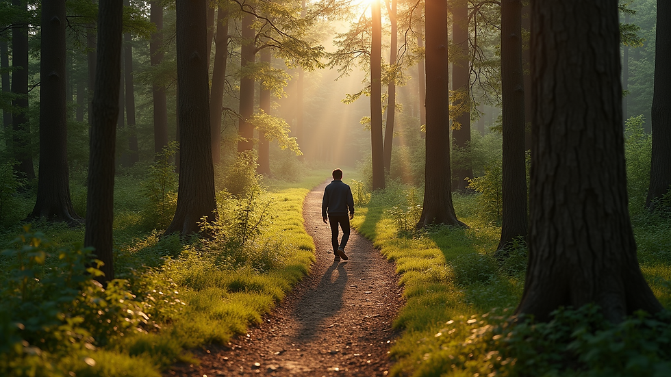 High angle view of a person walking on a nature trail surrounded by trees