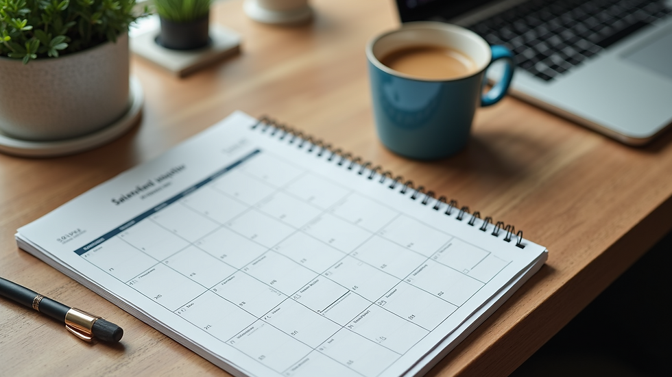 High angle view of a calendar and a cup of coffee on a desk