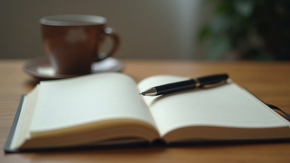 Close-up view of a journal and pen on a wooden desk