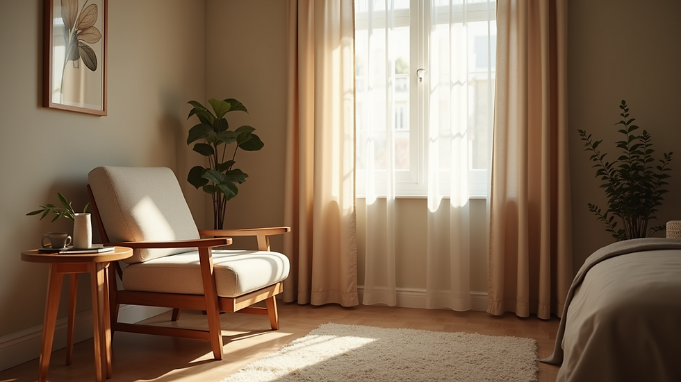 Eye-level view of a cozy therapy room with a comfortable chair and soft lighting