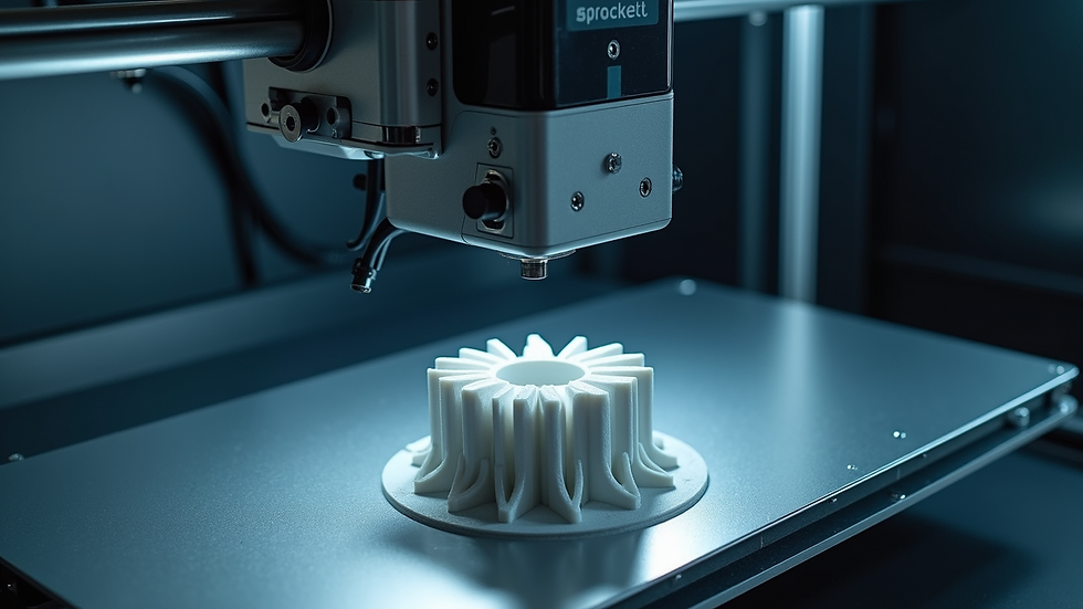 High angle view of a 3D printer producing a complex mechanical part