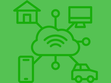 Dessin au trait vert représentant l'Internet des objets (IoT), incluant un nuage, une voiture, un ordinateur, un téléphone intelligent et une maison.