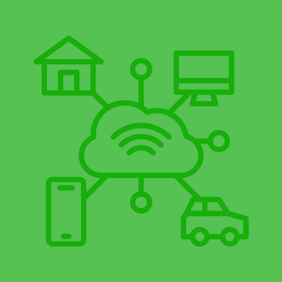 Dessin au trait vert représentant l'Internet des objets (IoT), incluant un nuage, une voiture, un ordinateur, un téléphone intelligent et une maison.