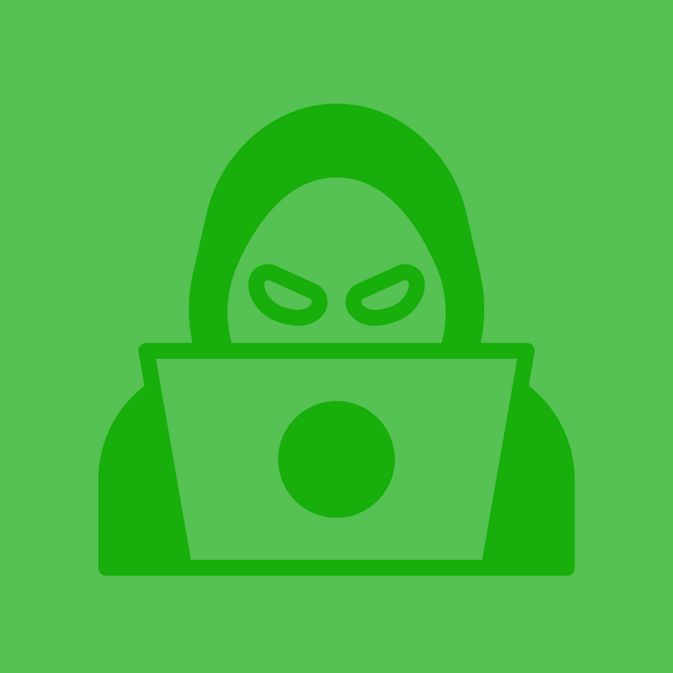Green icon of a hooded figure with a laptop, evoking a secretive or hacker theme. Background and figure both in shades of green.