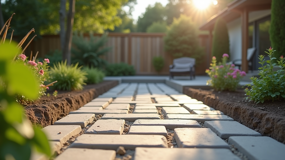 Eye-level view of a backyard patio under construction with stone pavers