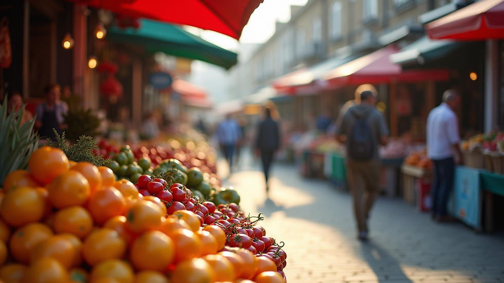 Close-up view of a vibrant outdoor market filled with colorful products