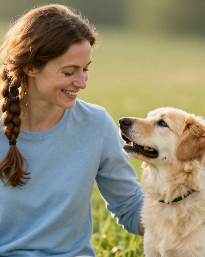 Frau schaut Hund an