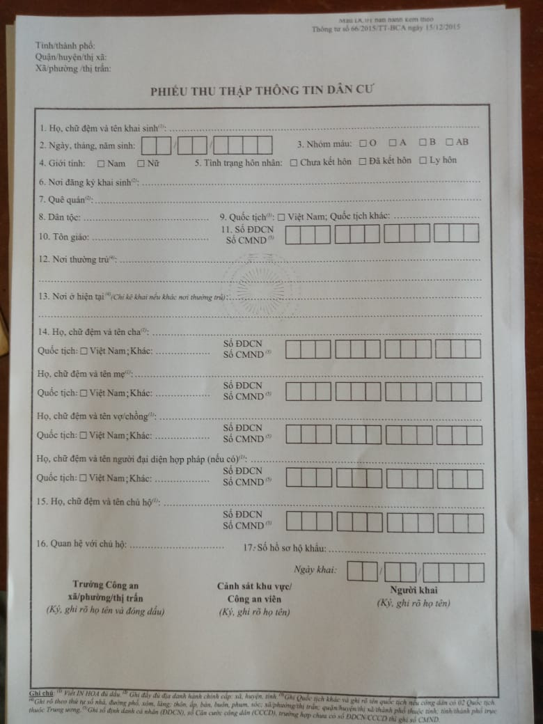 Phiếu thu thập thông tin dân cư ở Tiểu Khu 179