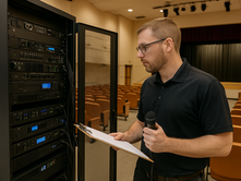 Technician conducting a thorough sound system audit in a school auditorium, ensuring optimal audio performance and functionality.