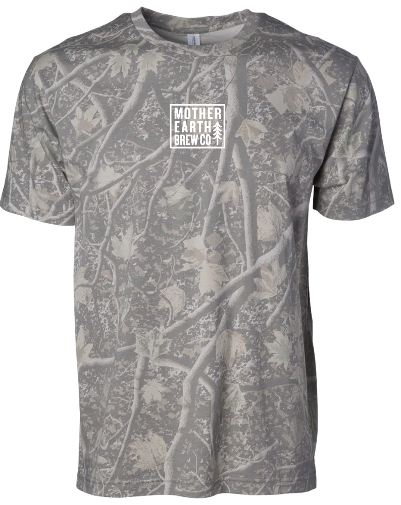 A camo tee shirt with a mother earth brew co logo on it
