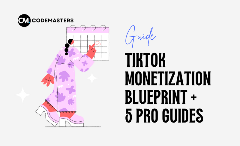 A digital graphic design for CodeMasters' 'TikTok Monetization Blueprint' program. The design features an illustration of two abstract, stylized figures high-fiving. One figure wears a blue outfit with white crosses, and the other wears a red outfit with circular patterns. The text includes 'Program' in a handwritten blue script and 'TikTok Monetization Blueprint' in bold black letters. The CodeMasters logo is positioned in the top right corner.