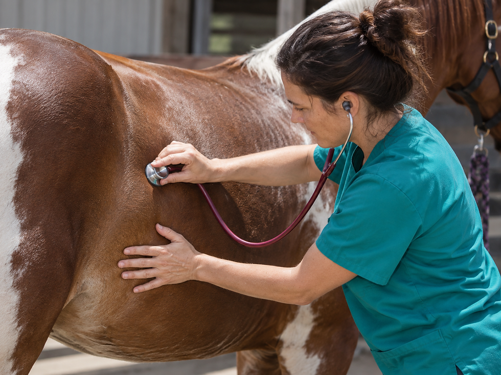 Veterinarian using a stethoscope to listen to a horse’s abdomen during a clinical examination for colic.