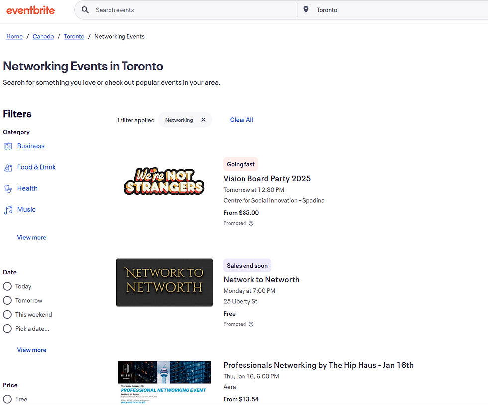 eventbrite screenshot about Networking Events in Toronto