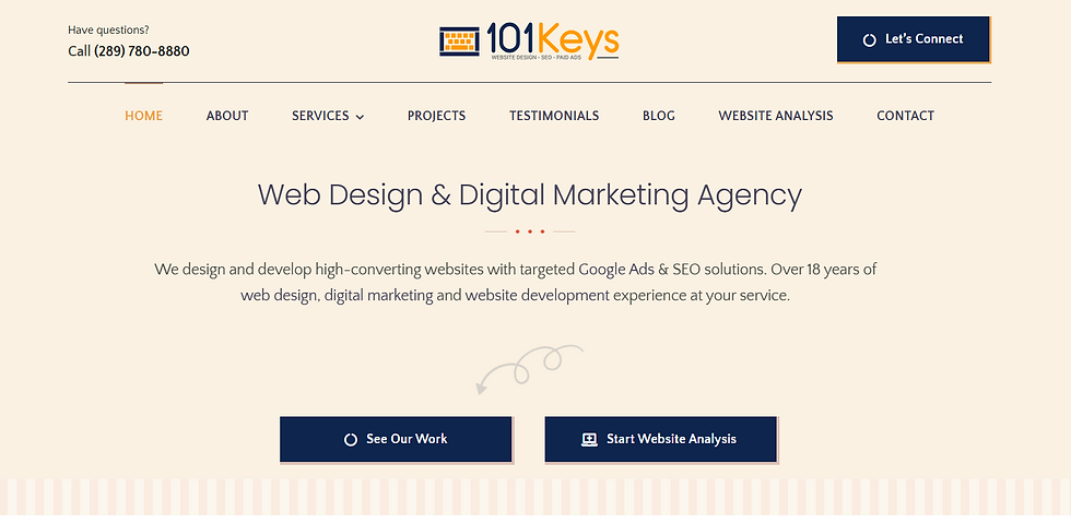 Homepage of 101Keys web design agency with menu, phone number, hero text, and buttons for See Our Work and Start Website Analysis