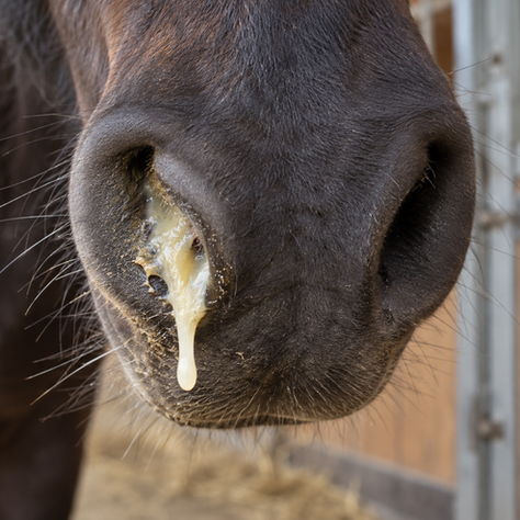 Close-up of a horse’s nose with mucus dripping in a stable doorway, dark fur and whiskers visible, suggesting discomfort