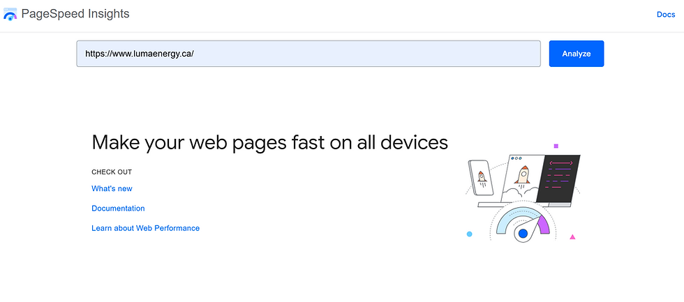Google PageSpeed Insights page with URL field, Analyze button, headline Make your web pages fast on all devices, and rocket gauge graphic