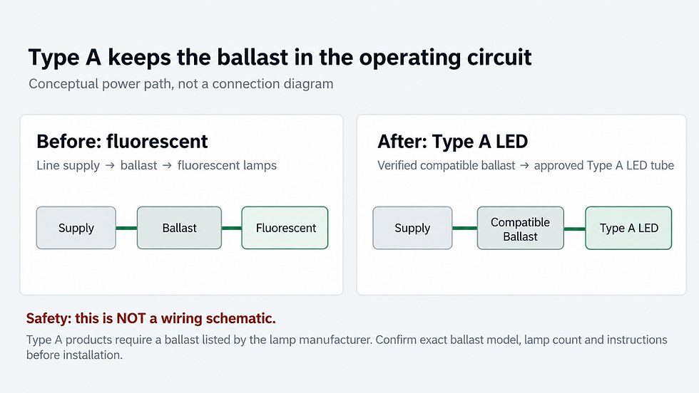 Type A LED tube diagram showing the existing compatible fluorescent ballast retained between the electrical supply and LED lamp.