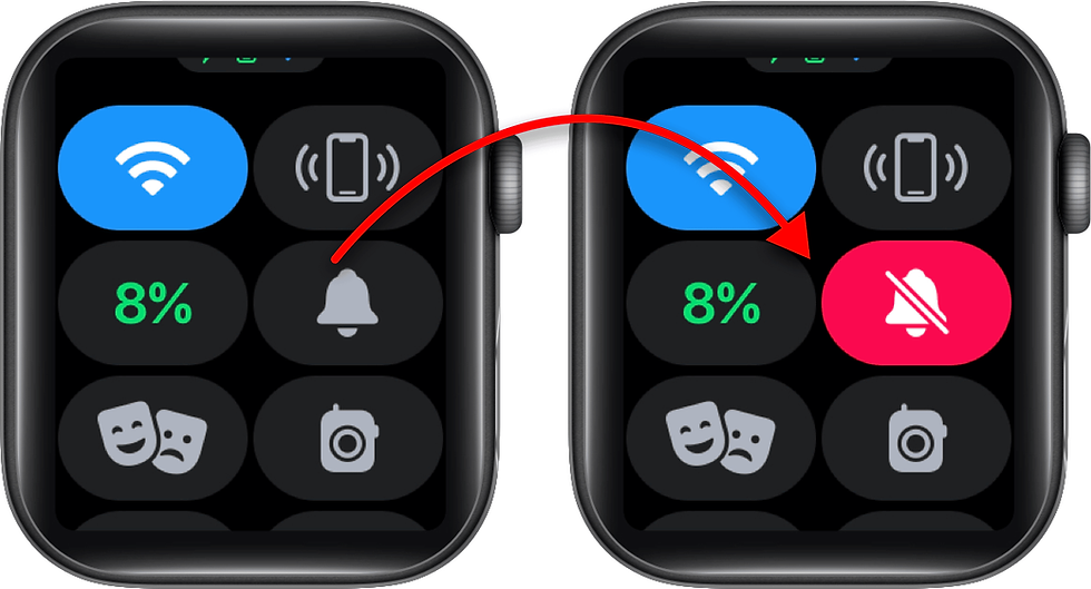 Two smartwatches show mute status change. Left: bell icon unmuted; Right: red muted icon. Both screens have Wi-Fi and 8% battery.