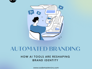 A person at a desk uses AI tools for branding, surrounded by floating icons. Text: Codemasters Automated Branding, How AI Tools, website info.