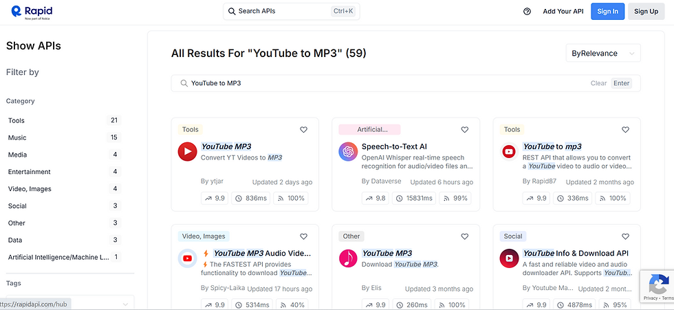 Search results for "YouTube to MP3" on Rapid API. Various API options display ratings, update info, and categories like Tools, Music.