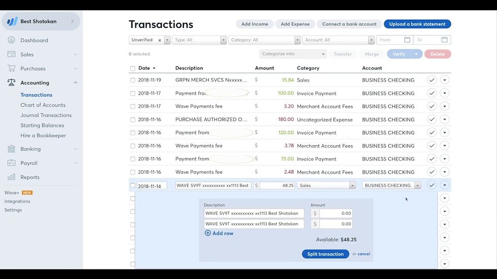 Accounting software screen showing transaction list with dates, descriptions, amounts, and categories. Option to add income or expense.