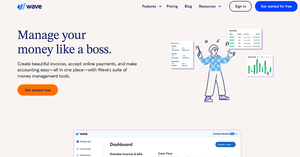 Cartoon person with checkered sweater, surrounded by financial charts, stands next to text: Manage your money like a boss. Wave logo.