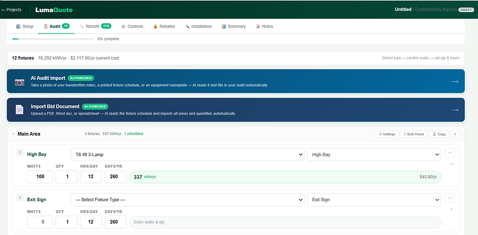 A digital dashboard showing energy audit data: 12 fixtures, 16,292 kWh/yr, $2,117.95 cost. AI Audit Import and Import Bid Document options.
