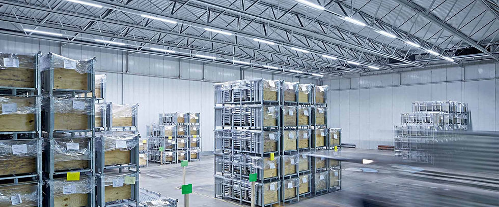 warehouse with racks and LED lights