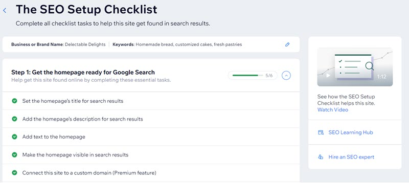 Screenshot Wix SEO Setup Checklist