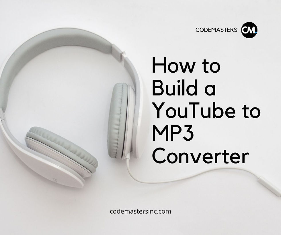 White headphones on a white background beside text "How to Build a YouTube to MP3 Converter" and "codemastersinc.com." Calm mood.
