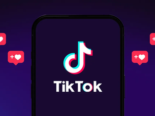 TikTok app on a phone screen with red heart icons, set against a dark gradient background. Mood: social media engagement.