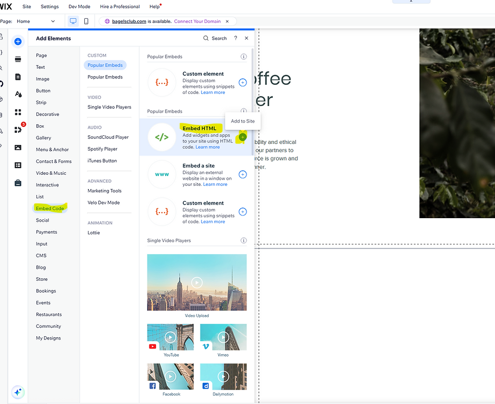 screenshot to show how to add iframe in Wix