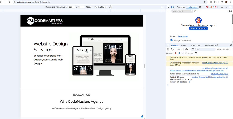 CodeMasters website page showing "Website Design Services" text. Image of devices displaying "STYLE" magazine. Clean, modern layout.