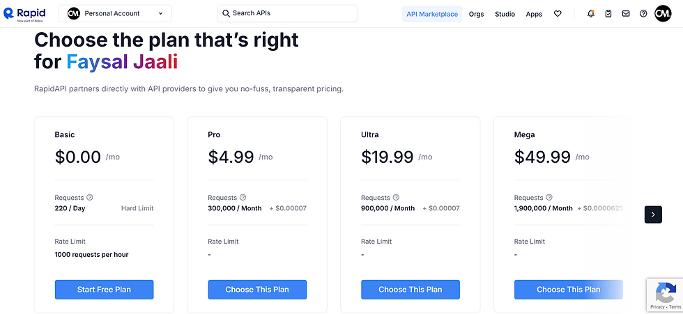 Pricing plans for RapidAPI include Basic, Pro, Ultra, and Mega, with respective monthly costs. The design is clean and text-heavy.