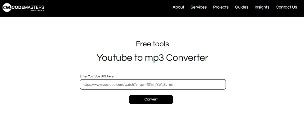 Website banner for Codemasters Digital Agency shows "YouTube Mp3/Mp4 Converter" with download buttons for Windows and Apple, no ads.