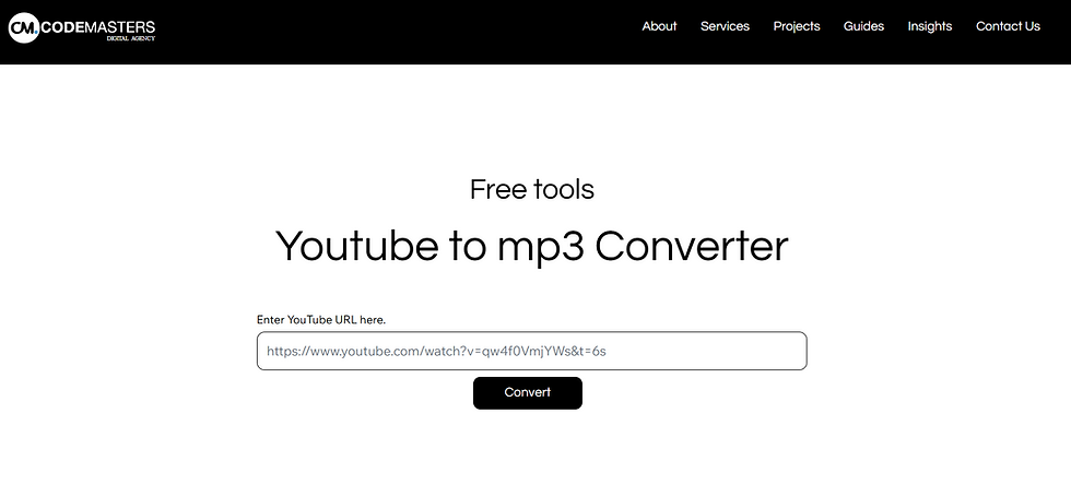 YouTube to MP3 converter webpage by Codemasters. Displays URL input box with an example link and "Convert" button. Black and white theme.