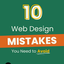 Green background with text: "10 Web Design MISTAKES You Need to Avoid" by CodeMasters Agency. Orange and white highlights, codemastersinc.com.