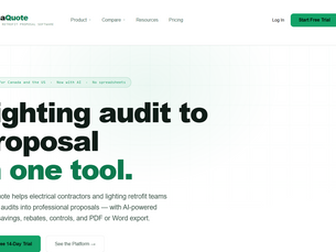 LumaQuote homepage with text "Lighting audit to proposal in one tool." Features tools for electrical contractors. Includes buttons for free trial.