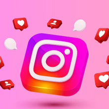 Instagram logo on a pink background with floating red notification icons showing hearts and profiles, conveying a lively mood.