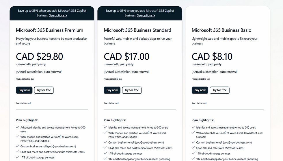 Microsoft 365 subscription options: Premium at CAD $29.80, Standard at CAD $17.00, Basic at CAD $8.10. Includes buttons to buy or try.