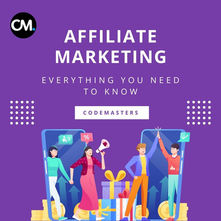 People celebrating affiliate marketing success with gifts, coins, and a megaphone. Text: Affiliate Marketing, Codemasters. Purple backdrop.