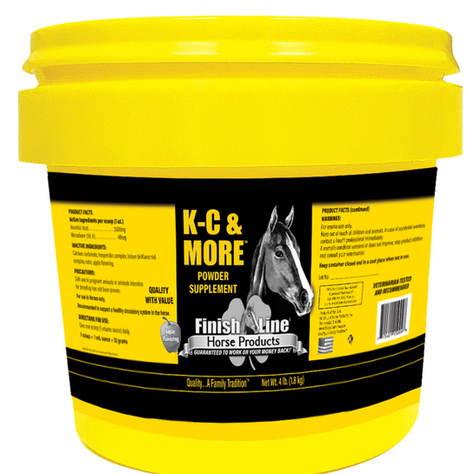 Yellow container of K-C & More horse powder supplement by Finish Line. Features a horse image and label details on product facts and usage.