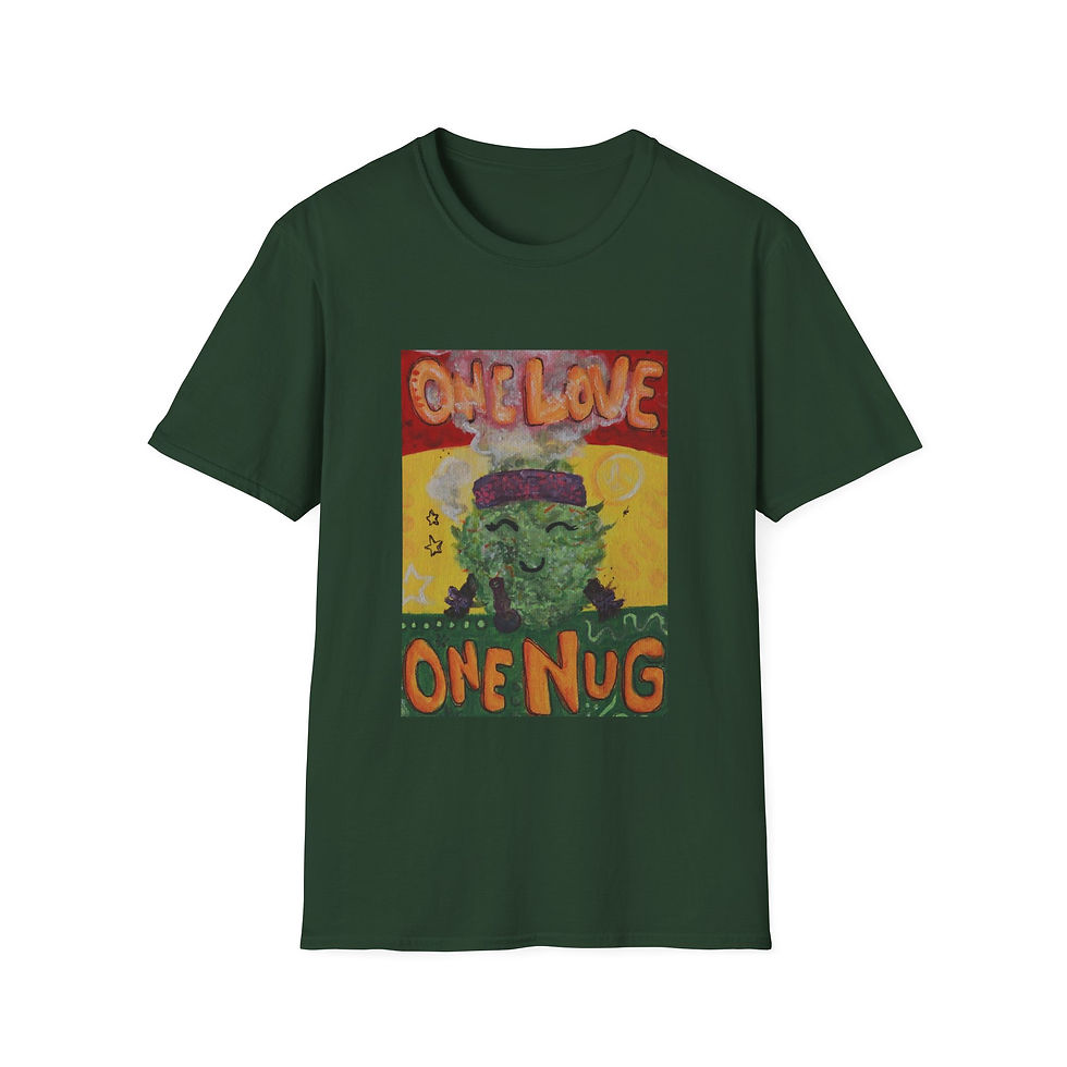 Thumbnail: Unisex T-Shirt - Cute One Love One Nug Acrylic Painted Design, Canna Friendly
