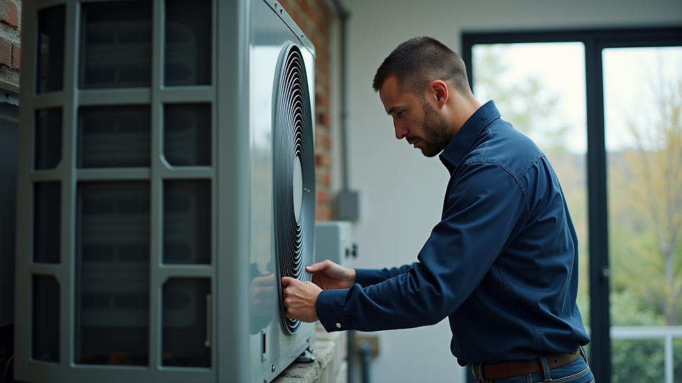 Eye-level view of an HVAC technician checking an air conditioning unit